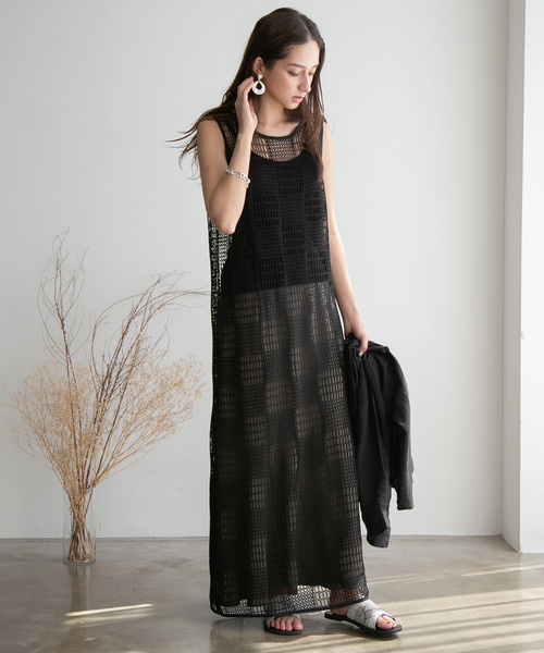 rectangle（レクタングル）の「メッシュノースリーブワンピース（ワンピース・レディース・ブラック/ブラウン/オフホワイト・FREE）」の2枚目の写真