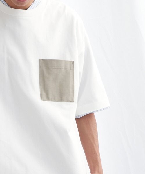 EMMA CLOTHES(エマクローズ)の「配色ポケットハーフスリーブオーバーサイズカットソー【EMMA CLOTHES/エマクローズ】(Tシャツ/カットソー・メンズ・ホワイト/ブルー系その他/チャコール・M/L)」の12枚目の写真