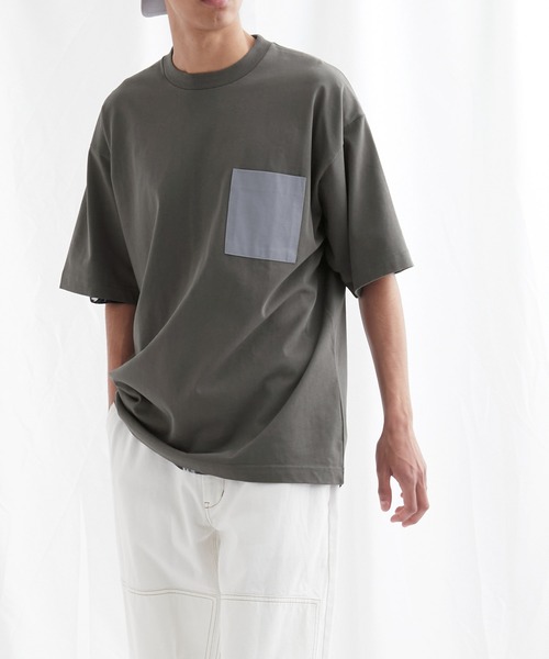 EMMA CLOTHES(エマクローズ)の「配色ポケットハーフスリーブオーバーサイズカットソー【EMMA CLOTHES/エマクローズ】(Tシャツ/カットソー・メンズ・ホワイト/ブルー系その他/チャコール・M/L)」の15枚目の写真