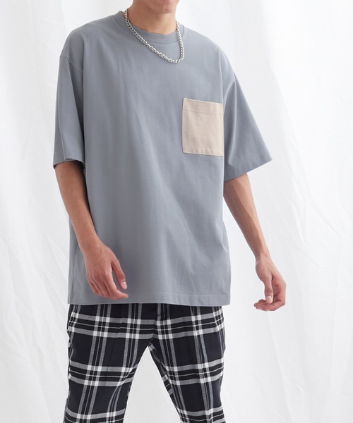 EMMA CLOTHES(エマクローズ)の「配色ポケットハーフスリーブオーバーサイズカットソー【EMMA CLOTHES/エマクローズ】(Tシャツ/カットソー・メンズ・ホワイト/ブルー系その他/チャコール・M/L)」の13枚目の写真
