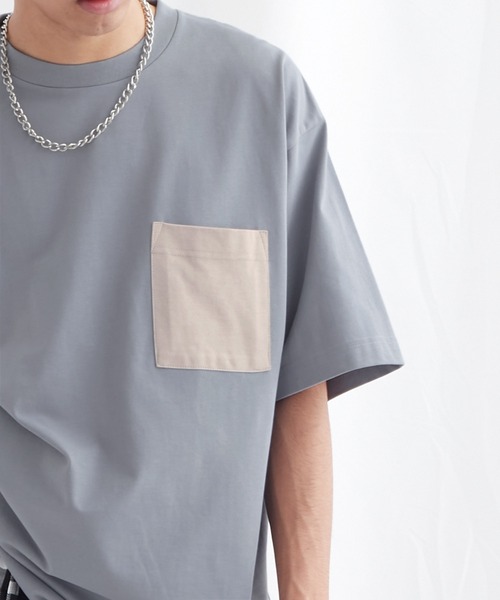 EMMA CLOTHES(エマクローズ)の「配色ポケットハーフスリーブオーバーサイズカットソー【EMMA CLOTHES/エマクローズ】(Tシャツ/カットソー・メンズ・ホワイト/ブルー系その他/チャコール・M/L)」の8枚目の写真