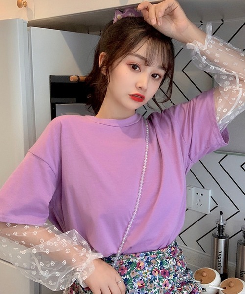 since thenキュート シースルー レース 花柄 スリム tシャツ hoshi-shop_c240305-aaad188