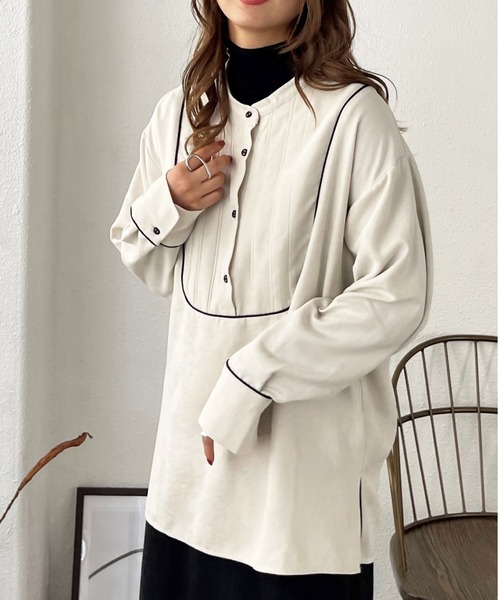 Shelly island（シェリーアイランド）の「配色ブザムバンドカラーシャツ（シャツ/ブラウス・レディース・ホワイト/マスタード・M）」の2枚目の写真