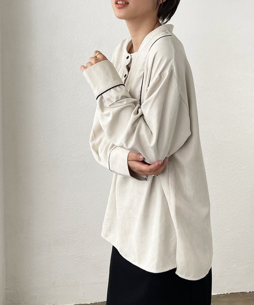 Shelly island（シェリーアイランド）の「配色ブザムバンドカラーシャツ（シャツ/ブラウス・レディース・ホワイト/マスタード・M）」の3枚目の写真