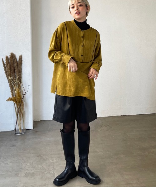 Shelly island（シェリーアイランド）の「配色ブザムバンドカラーシャツ（シャツ/ブラウス・レディース・ホワイト/マスタード・M）」の4枚目の写真