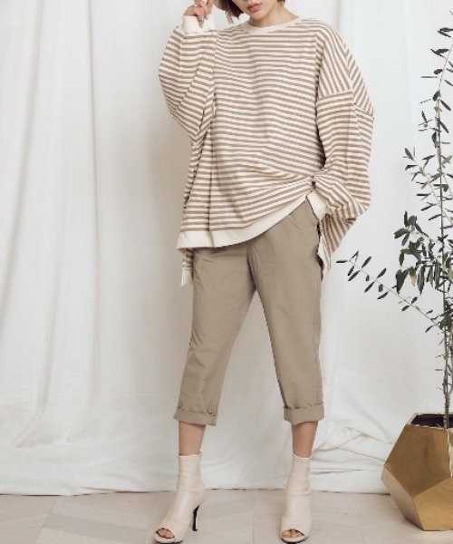 Chaco closet（チャコ クローゼット）の「バルーンスリーブオーバーサイズボーダースウェット（スウェット・レディース・ブルー/ベージュ/ブラック・FREE）」の15枚目の写真