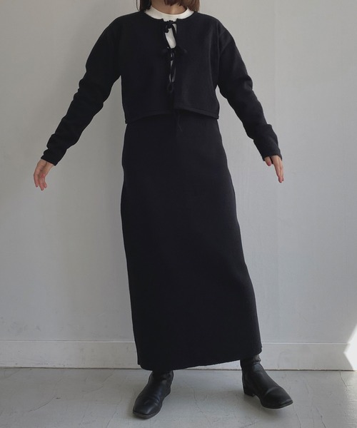 omom sot（オムオムソット）の「ニットカーディガン 2way リボン付き omom sot（カーディガン/ボレロ・レディース・ブラック/ダークグリーン・M）」の3枚目の写真