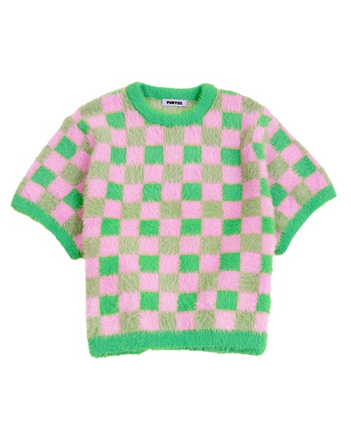 PUNYUS（プニュズ）の「ブロックチェック半袖ニット（ニット/セーター・レディース・ブラック/ブルー/グリーン・1/2/4/3）」の2枚目の写真