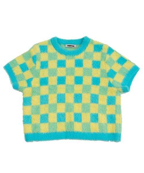 PUNYUS（プニュズ）の「ブロックチェック半袖ニット（ニット/セーター・レディース・ブラック/ブルー/グリーン・1/2/4/3）」の6枚目の写真