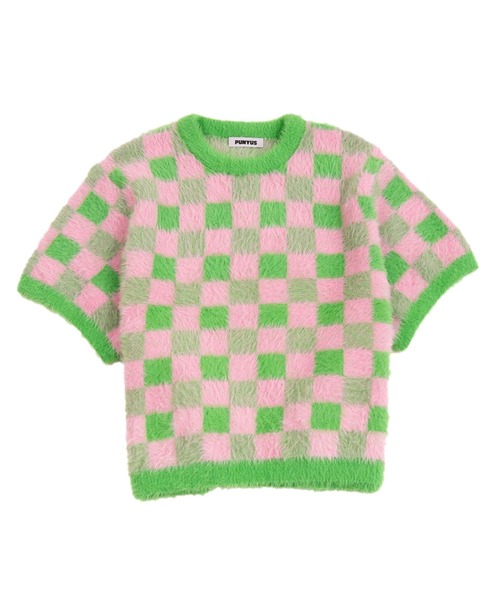 PUNYUS（プニュズ）の「ブロックチェック半袖ニット（ニット/セーター・レディース・ブラック/ブルー/グリーン・1/2/4/3）」の7枚目の写真