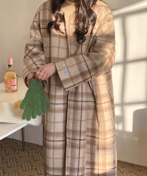 emi+（エミプラス）の「チェック柄ノーカラーコート（ノーカラーコート