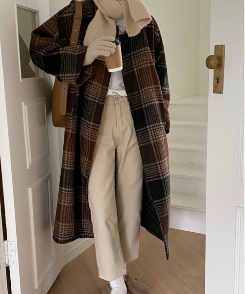 emi+（エミプラス）の「チェック柄ノーカラーコート（ノーカラーコート