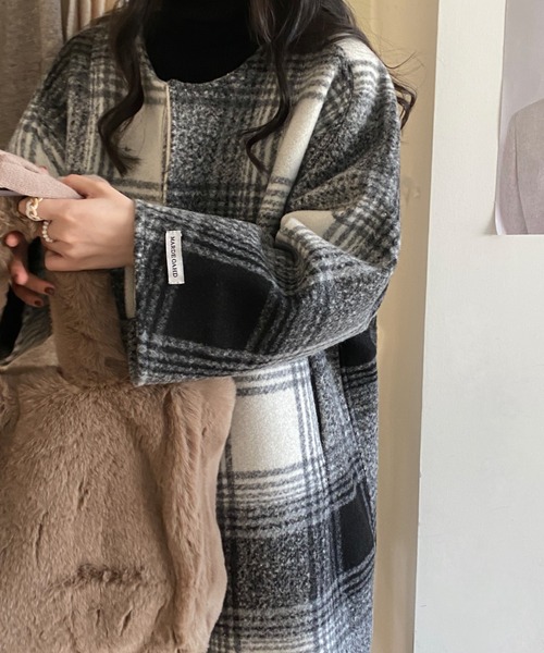 emi+（エミプラス）の「チェック柄ノーカラーコート（ノーカラーコート