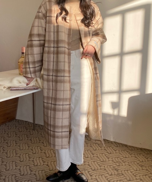 美品 マチャット machatt ウール チェック柄コート ベージュ ノーカラー 美品 マチャット machatt ウール チェック柄コート ベージュ ノー