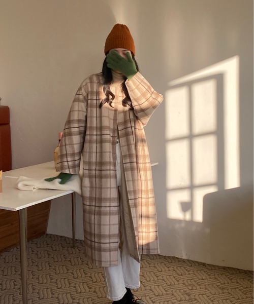 emi+（エミプラス）の「チェック柄ノーカラーコート（ノーカラーコート