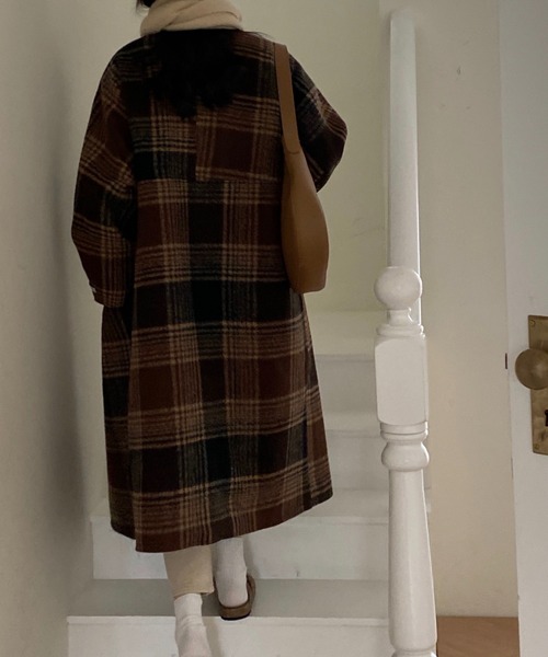 emi+（エミプラス）の「チェック柄ノーカラーコート（ノーカラーコート