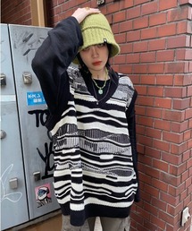 XU | 【XU/エックスユー】oversized pattern knit vest/オーバーサイズ Vネックニットベスト 総柄ニットベスト ボーダー(ベスト)