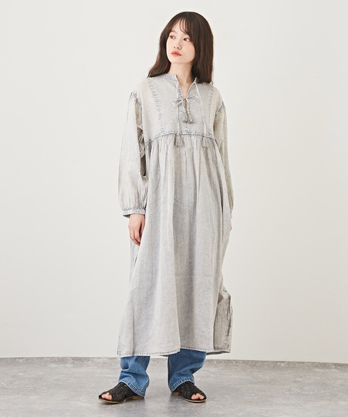 CUBE SUGAR（キューブシュガー）の「インド綿アシッド加工リボンタッセルシャツワンピース（シャツワンピース・レディース・ライトグレー/ブラック/レッド/ブルー・M）」の7枚目の写真