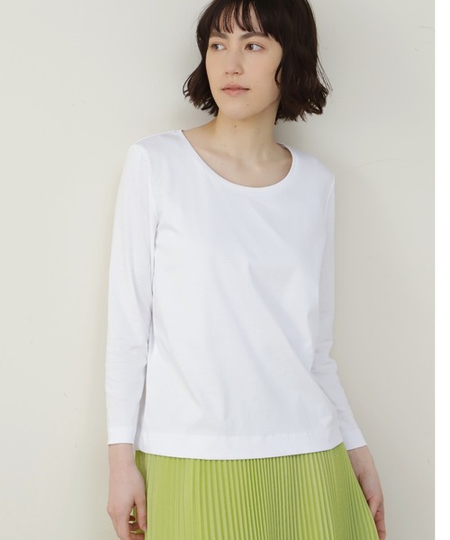 human woman(ヒューマンウーマン)の「オーガニックコットンスムース長袖Tシャツ(Tシャツ/カットソー・レディース・ホワイト/グレー・MEDIUM/LARGE)」の2枚目の写真