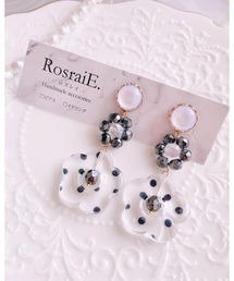 【RosraiE】ドット柄クリアフラワー×フラワービーズ ロング ピアス(MA)