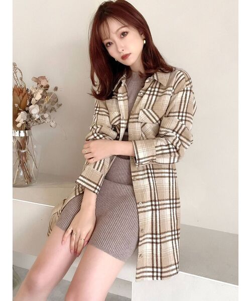 RESEXXY（リゼクシー）の「ラージチェックシャツワンピース（ワンピース・レディース・ベージュ/ブラウン/グリーン・FREE）」の2枚目の写真