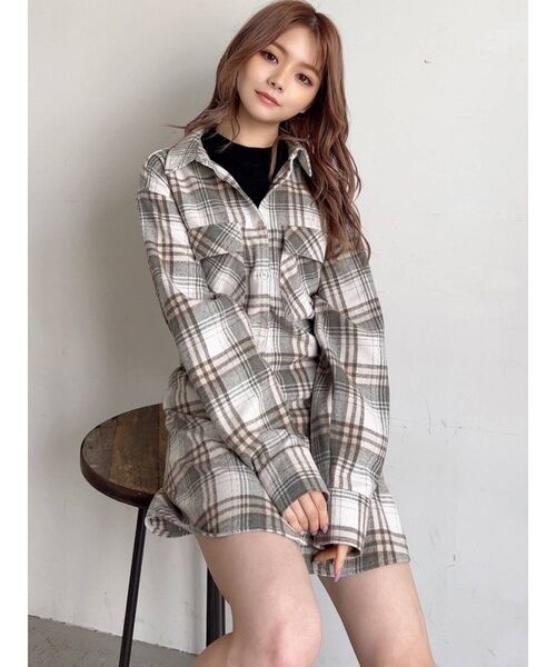 RESEXXY（リゼクシー）の「ラージチェックシャツワンピース（ワンピース・レディース・ベージュ/ブラウン/グリーン・FREE）」の11枚目の写真