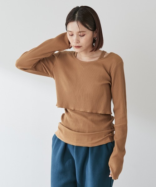 Omekashi（オメカシ）の「【earthy_】オーガニックコットンリブレイヤードロンT（Tシャツ/カットソー・レディース・ブラック/ブルー/アイボリー/キャメル・FREE）」の4枚目の写真