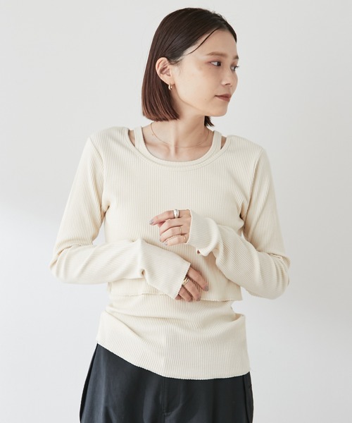 Omekashi（オメカシ）の「【earthy_】オーガニックコットンリブレイヤードロンT（Tシャツ/カットソー・レディース・ブラック/ブルー/アイボリー/キャメル・FREE）」の2枚目の写真