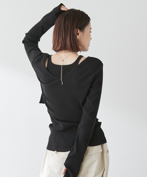 Omekashi（オメカシ）の「【earthy_】オーガニックコットンリブレイヤードロンT（Tシャツ/カットソー・レディース・ブラック/ブルー/アイボリー/キャメル・FREE）」の3枚目の写真