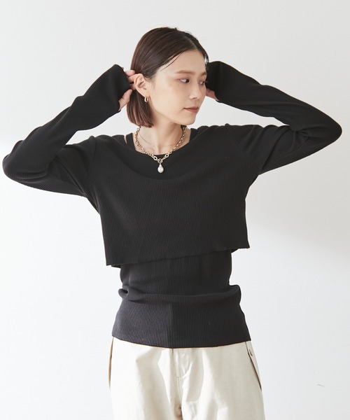 Omekashi（オメカシ）の「【earthy_】オーガニックコットンリブレイヤードロンT（Tシャツ/カットソー・レディース・ブラック/ブルー/アイボリー/キャメル・FREE）」の13枚目の写真