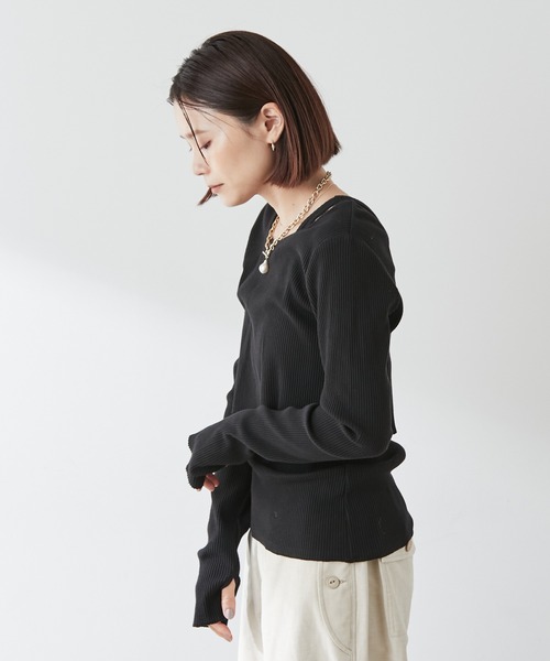 Omekashi（オメカシ）の「【earthy_】オーガニックコットンリブレイヤードロンT（Tシャツ/カットソー・レディース・ブラック/ブルー/アイボリー/キャメル・FREE）」の22枚目の写真