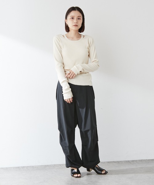 Omekashi（オメカシ）の「【earthy_】オーガニックコットンリブレイヤードロンT（Tシャツ/カットソー・レディース・ブラック/ブルー/アイボリー/キャメル・FREE）」の6枚目の写真