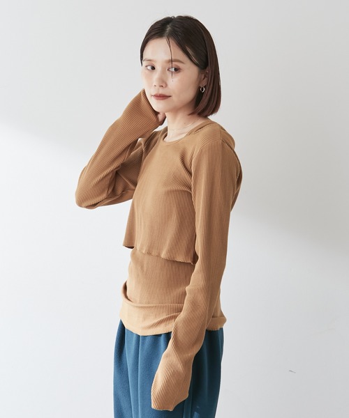 Omekashi（オメカシ）の「【earthy_】オーガニックコットンリブレイヤードロンT（Tシャツ/カットソー・レディース・ブラック/ブルー/アイボリー/キャメル・FREE）」の7枚目の写真