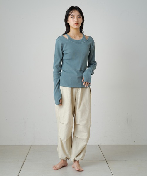 Omekashi（オメカシ）の「【earthy_】オーガニックコットンリブレイヤードロンT（Tシャツ/カットソー・レディース・ブラック/ブルー/アイボリー/キャメル・FREE）」の20枚目の写真