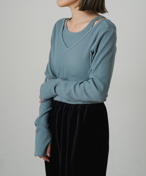 Omekashi（オメカシ）の「【earthy_】オーガニックコットンリブレイヤードロンT（Tシャツ/カットソー・レディース・ブラック/ブルー/アイボリー/キャメル・FREE）」の12枚目の写真