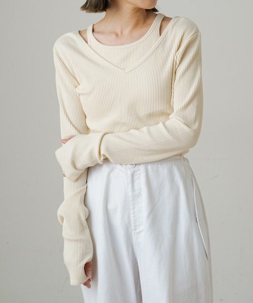 Omekashi（オメカシ）の「【earthy_】オーガニックコットンリブレイヤードロンT（Tシャツ/カットソー・レディース・ブラック/ブルー/アイボリー/キャメル・FREE）」の15枚目の写真