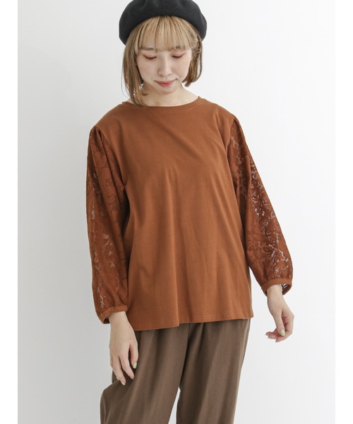 Samansa Mos2(サマンサ モスモス)の「袖レース切替カットソー(Tシャツ/カットソー・レディース・チャコール/キナリ/グリーン/ブラウン・フリ-)」の4枚目の写真