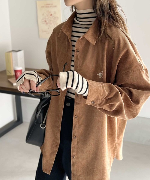 セール】こっくり感。ワンポイント刺繍細コーデュロイオーバーシャツ