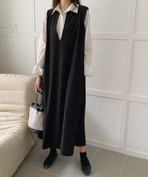 ディープキーネックノースリーブロングワンピース