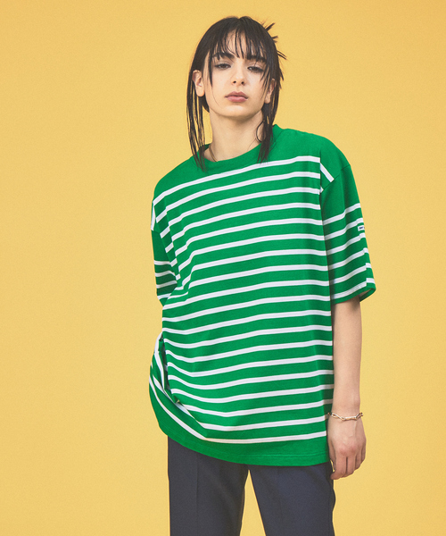 MONT KEMMEL（モンケメル）の「【MONTKEMMEL / モンケメル】オーバーサイズ クルーネック/パネルボーダー /バスクTシャツ/ユニセックス（Tシャツ/カットソー・メンズ・グリーン/ホワイト系その他/ホワイト系その他2/ブラック・M/L/XL）」の6枚目の写真