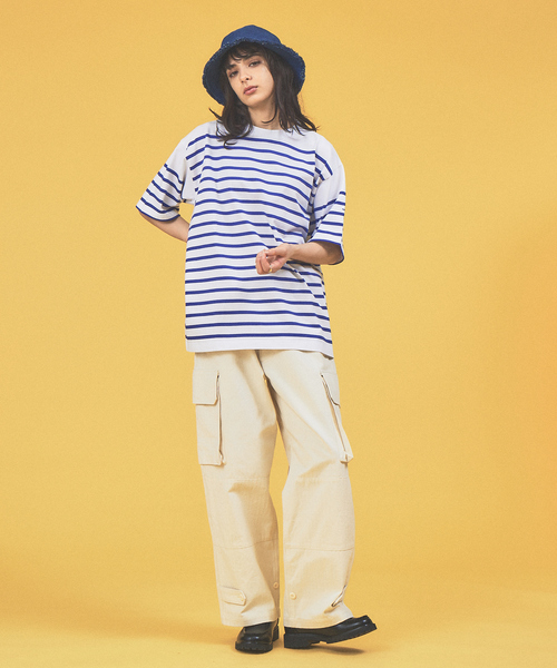 MONT KEMMEL（モンケメル）の「【MONTKEMMEL / モンケメル】オーバーサイズ クルーネック/パネルボーダー /バスクTシャツ/ユニセックス（Tシャツ/カットソー・メンズ・グリーン/ホワイト系その他/ホワイト系その他2/ブラック・M/L/XL）」の15枚目の写真