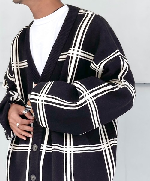 Black & White ブラックアンドホワイト　チェック柄 L カーディガン セール】洗練されたシルエットで上品にキマる Wジャガードチェック柄