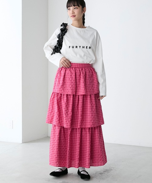 メモリーチェックティアードスカート ピンク×イエロー　タフタ　裾フリル　ロング ギンガムチェック ティアードスカート No.217 ロングスカート