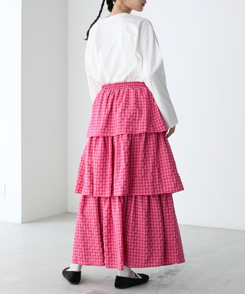 forksy.（フォルクシー）の「【forksy.】ギンガムチェックティアードスカート（スカート・レディース・ブラウン/チャコール/チェリーピンク/ピンク/ベージュ/カーキ・FREE）」の16枚目の写真