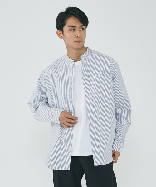 MYSELF ABAHOUSE(マイセルフアバハウス)の「ルーズ オーバー シルエット オックス バンドカラー シャツ(シャツ/ブラウス・メンズ・ホワイト/ピンク/ブルー/ストライプ・S/M/L/XL)」の1枚目の写真