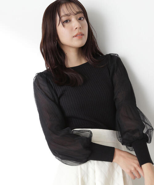 NATURAL BEAUTY BASIC（ナチュラルビューティーベーシック）の「◇チュールスリーブドッキングニット（ニット/セーター・レディース・ブラウン/オフホワイト/ブラック/ブルー・FREE）」の14枚目の写真