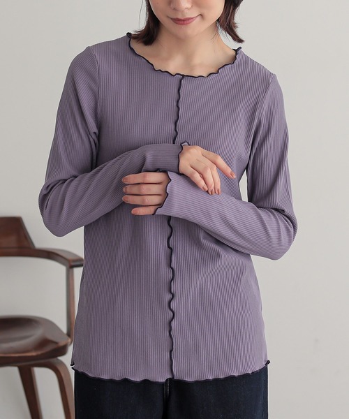 osharewalker(オシャレウォーカー)の「『裏起毛配色メローリブクルーネックカットソー』(Tシャツ/カットソー・レディース・パープル/ベージュ/ブラック/チャコール・L/LL/M)」の4枚目の写真