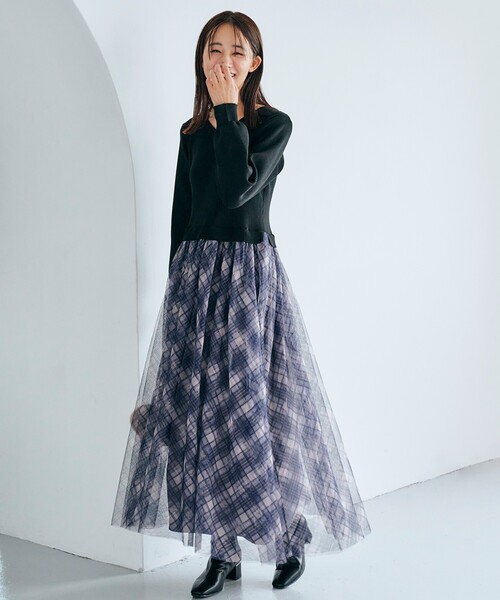 grove（グローブ）の「◆チュールドッキングニットワンピース（ワンピース・レディース・ブラック系1/アイボリー/ブラウン系その他・01/02/03/04/05）」の3枚目の写真