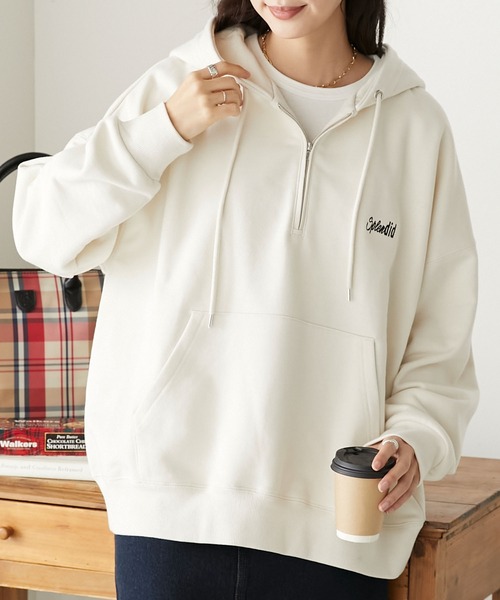 BONLECILL(ボンルシール)の「ロゴ刺繍ハーフZIP 裏毛スウェットパーカー/フーディープルオーバー(パーカー・レディース・ブラック/ネイビー/杢グレー/アイボリー・FREE)」の12枚目の写真