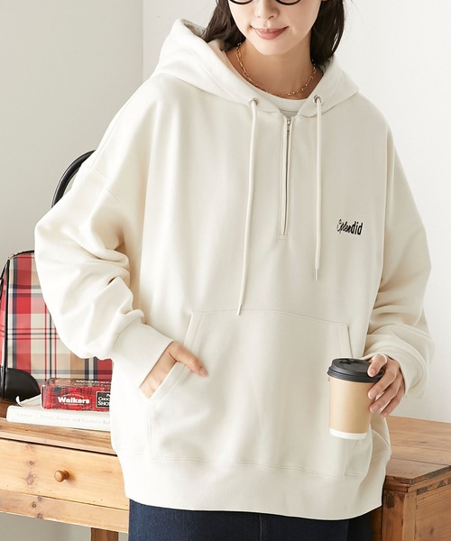 BONLECILL(ボンルシール)の「ロゴ刺繍ハーフZIP 裏毛スウェットパーカー/フーディープルオーバー(パーカー・レディース・ブラック/ネイビー/杢グレー/アイボリー・FREE)」の13枚目の写真